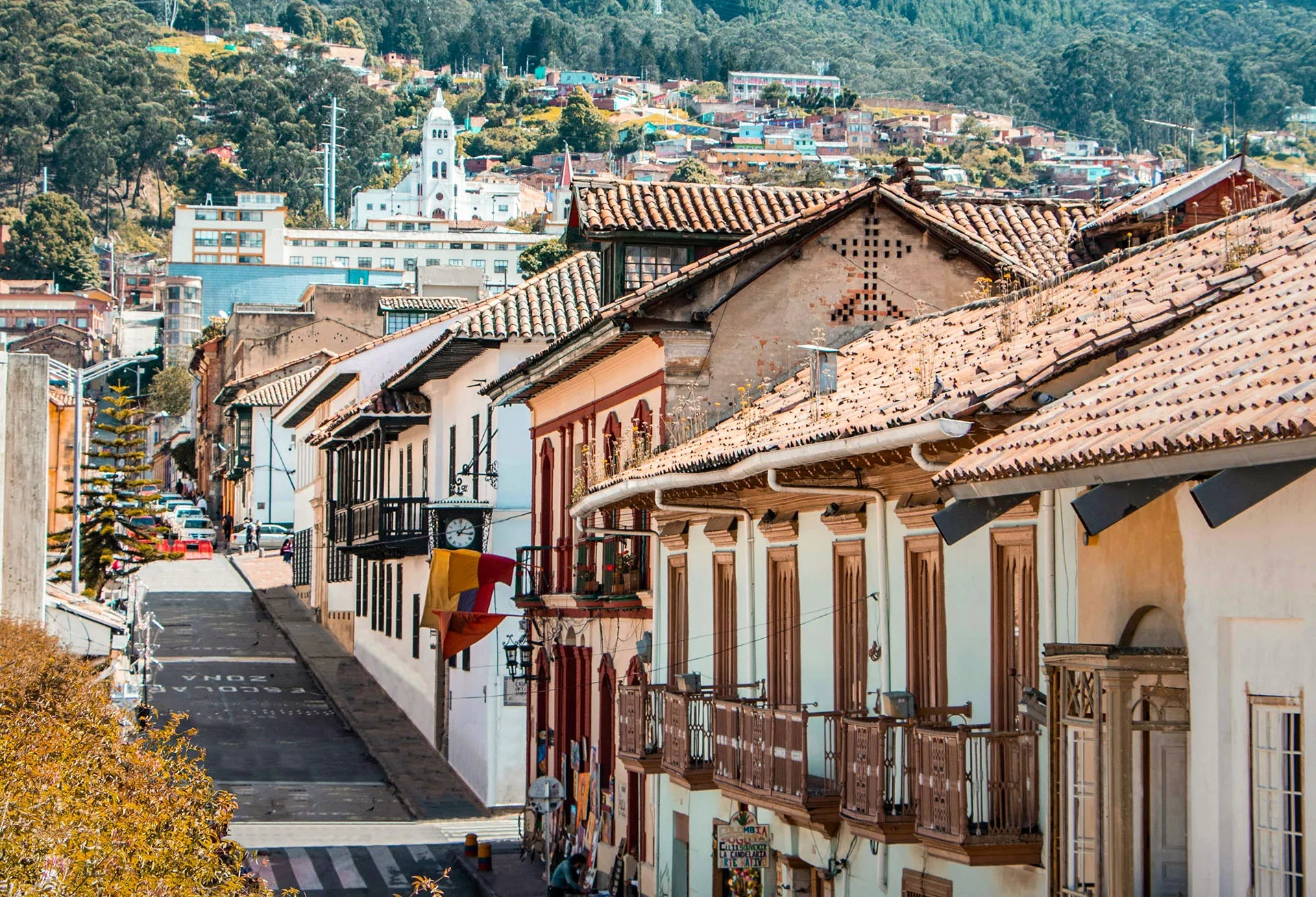 Colorful colonial streets of La Candelaria in Bogotá, Colombia.
